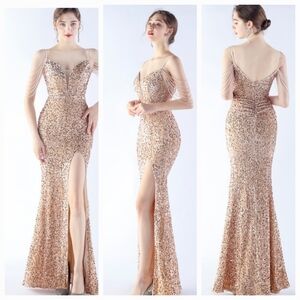 Gold Sequin Embellished Prom Gown